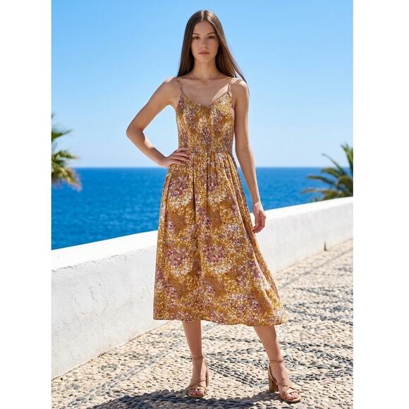 Millibon Dresses & Skirts - Milibon Floral Midi Smocked Dress Womens Medium Beachy Boho Coastal Cruise Party